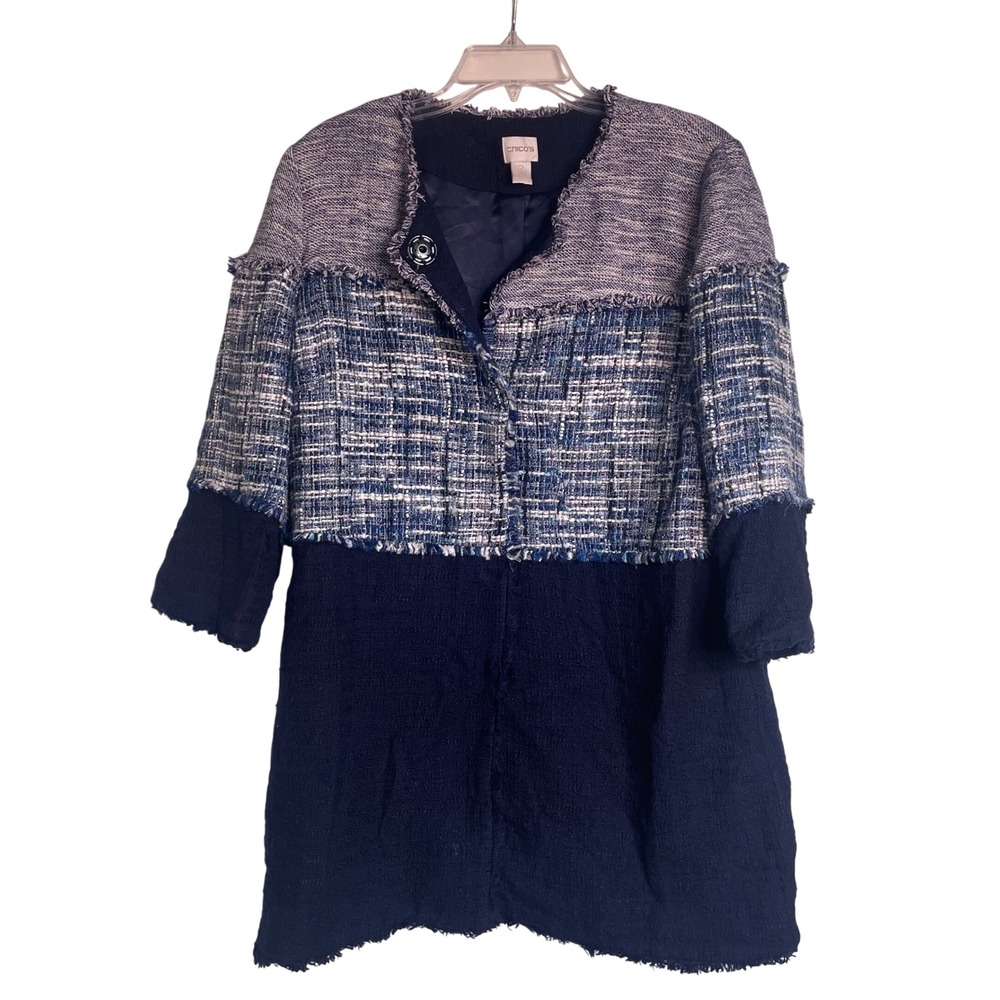 Chicos Blue Tweed Colorblock Fringe Longline Jacket Size 2 Large Metallic Boucle